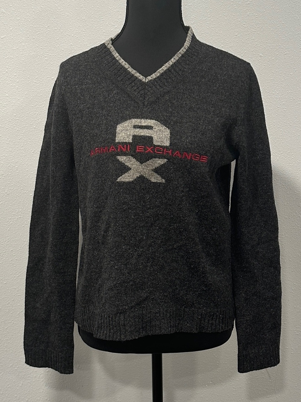 Armani Exchange Charcoal Gray V‑Neck Sweater with Contrast Trim